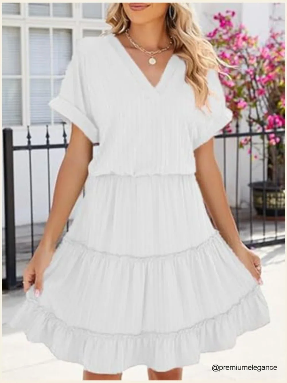 V-Neck Tiered Ruffle Hem Midi Dress with Pockets - Polyester Spandex - Picture 3 of 5